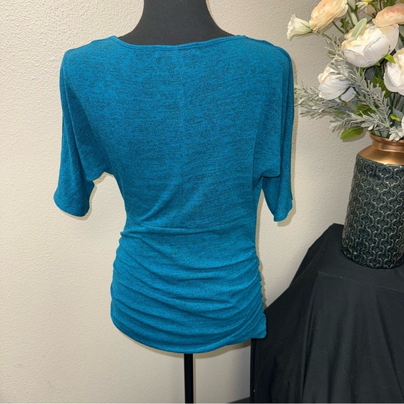 HeartSoul Teal Draped Cowl Neck Ruched Stretch Top Short Sleeve - Picture 3 of 8